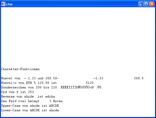 Charakterfunktionen: Ausgabe des Beispielprogramms char.cob