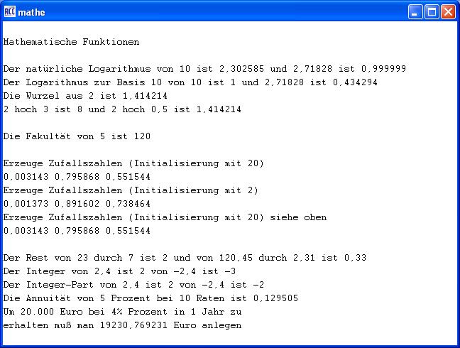 Mathematische Funktionen: Ausgabe des Beispielprogramms mathe.cob