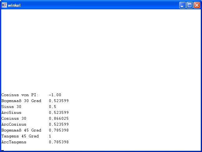 Winkelfunktionen: Ausgabe von winkel.cob
